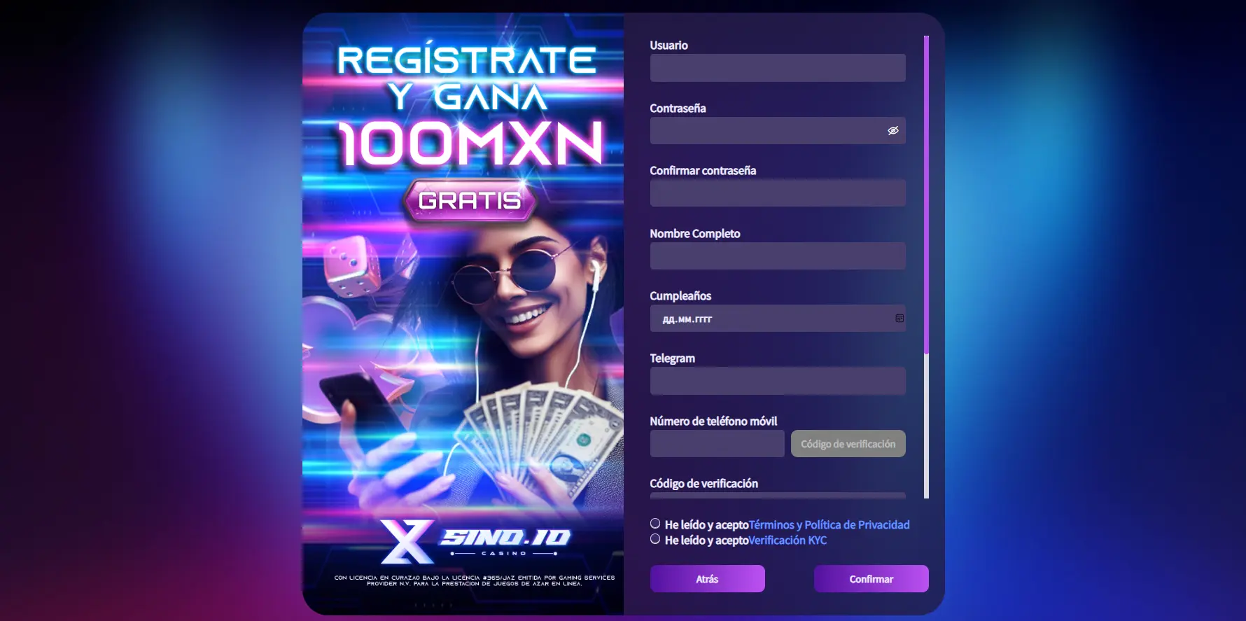 Inicio de sesión y registro en el casino Xsino